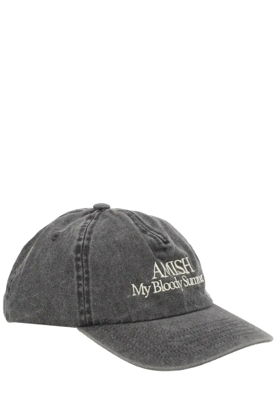 A dark gray distressed denim baseball cap with white embroidered amish my bloody summer text by Amish Supplies