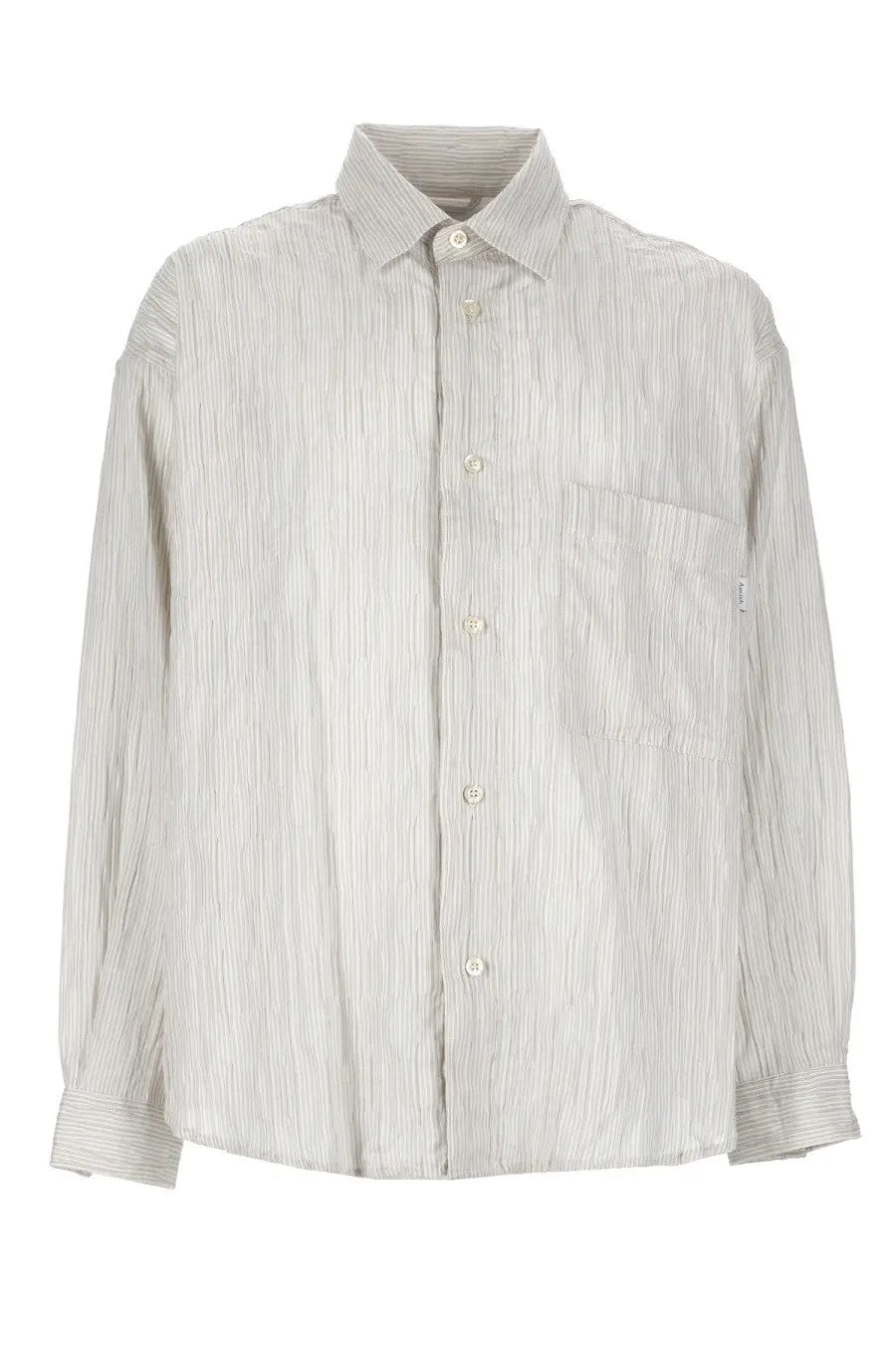 Amish supplies men’s camicia in cotone crinckle beige is a light gray and white striped button-up shirt with subtle textured weave