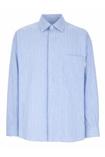 Amish supplies men’s camicia light blue and white striped long-sleeve button-up shirt in crinkle cotton