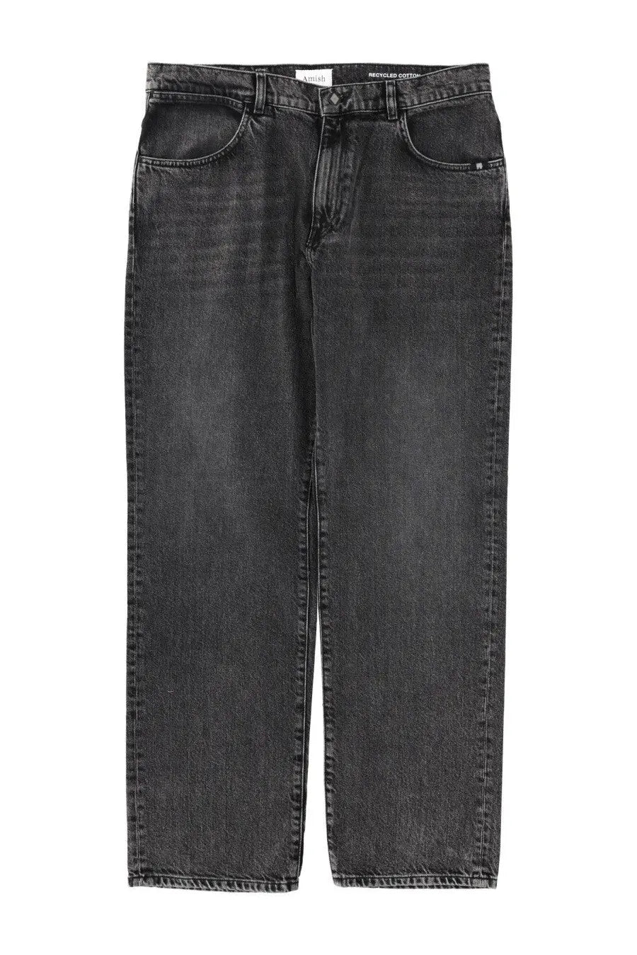Amish supplies men’s jeans in denim black dark gray straight-leg recycled cotton denim with faded wash and five pockets
