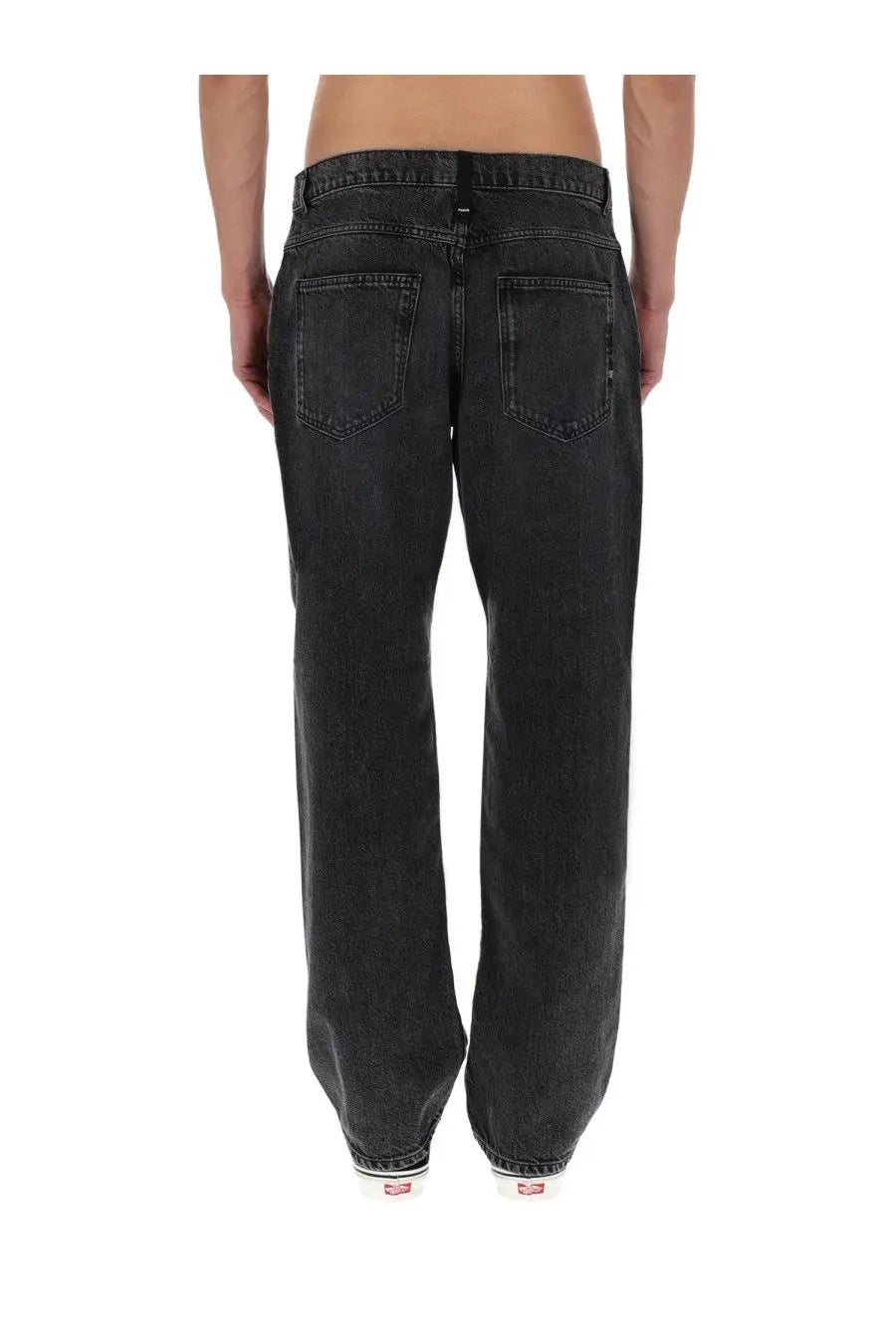 Back view of Amish Supplies men’s jeans in denim black showing relaxed wide-leg black denim jeans with classic back pockets
