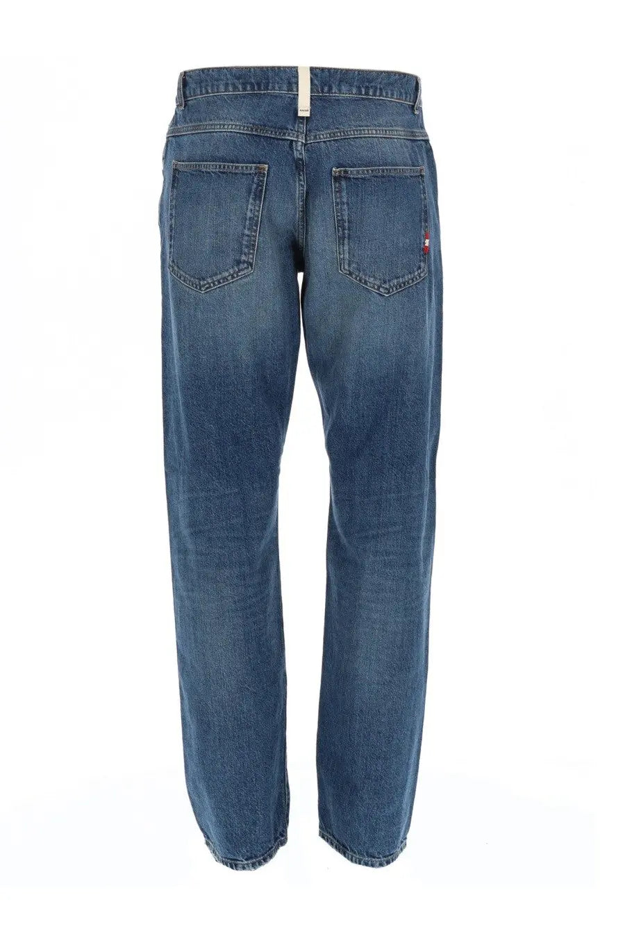 Back view of amish supplies men’s jeans james wash crinkle blue denim with classic five-pocket design and logo detail
