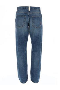 Back view of amish supplies men’s jeans james wash crinkle blue denim with classic five-pocket design and logo detail
