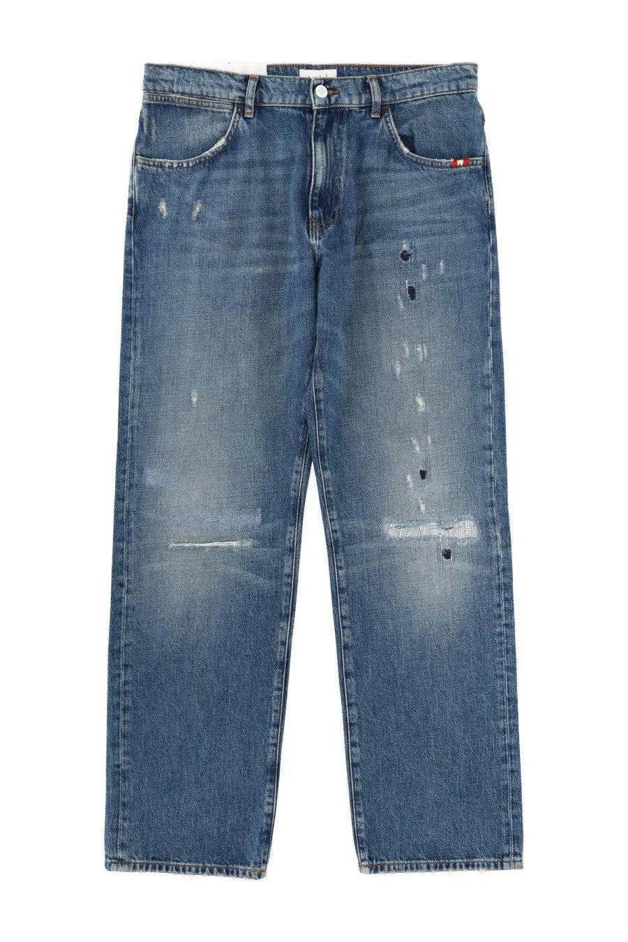 Blue denim amish supplies men’s jeans with distressed patches and red white and blue tag on right pocket