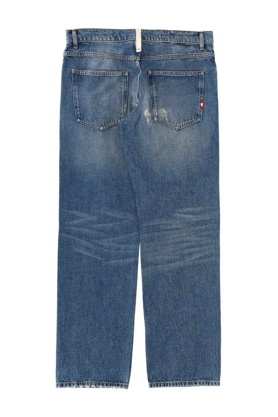 Back side of Amish supplies men’s jeans jamesnip tac blue denim with faded wash and subtle distressing on back pockets