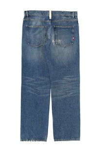 Back side of Amish supplies men’s jeans jamesnip tac blue denim with faded wash and subtle distressing on back pockets