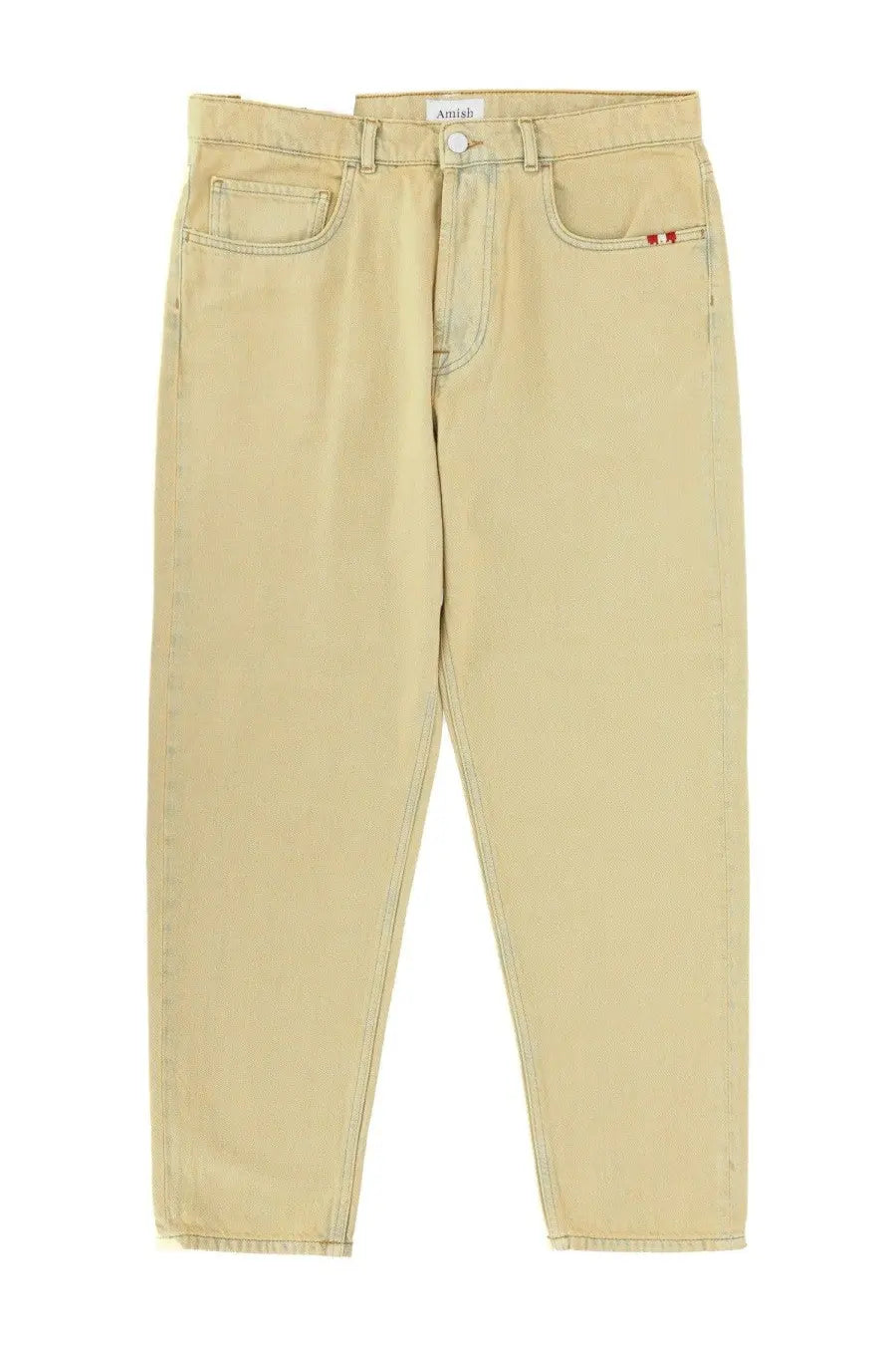 Amish Supplies men’s beige denim jeans with subtle faded wash and red stitching detail on front right pocket