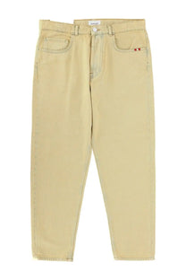 Amish Supplies men’s beige denim jeans with subtle faded wash and red stitching detail on front right pocket