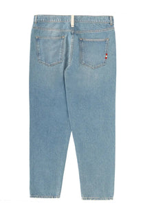 Back view of amish supplies men’s jeans jeremiah sand stone blue light-wash denim with straight-leg cut and fading