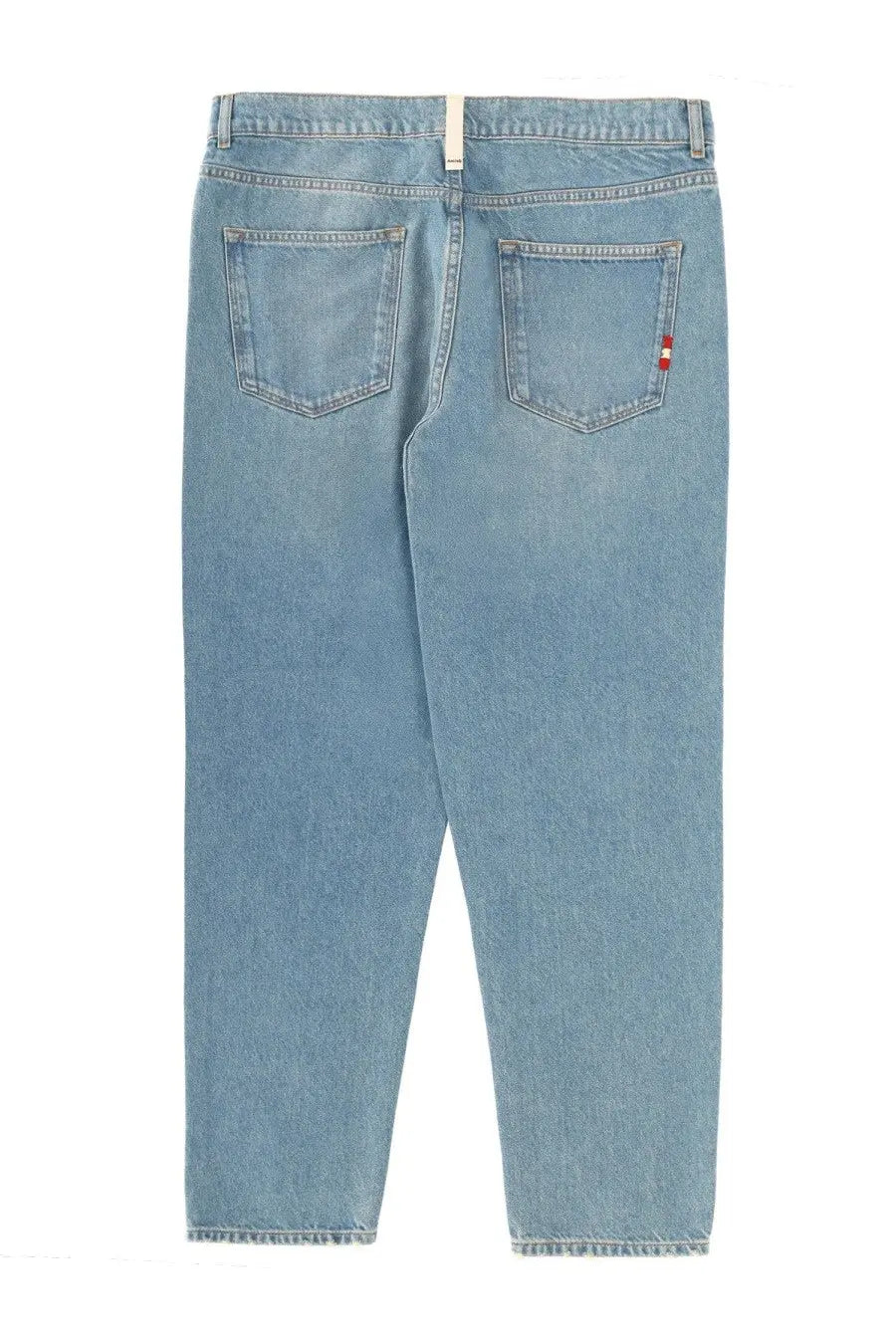 Back view of amish supplies men’s jeans jeremiah sand stone blue light-wash denim with straight-leg cut and subtle fading