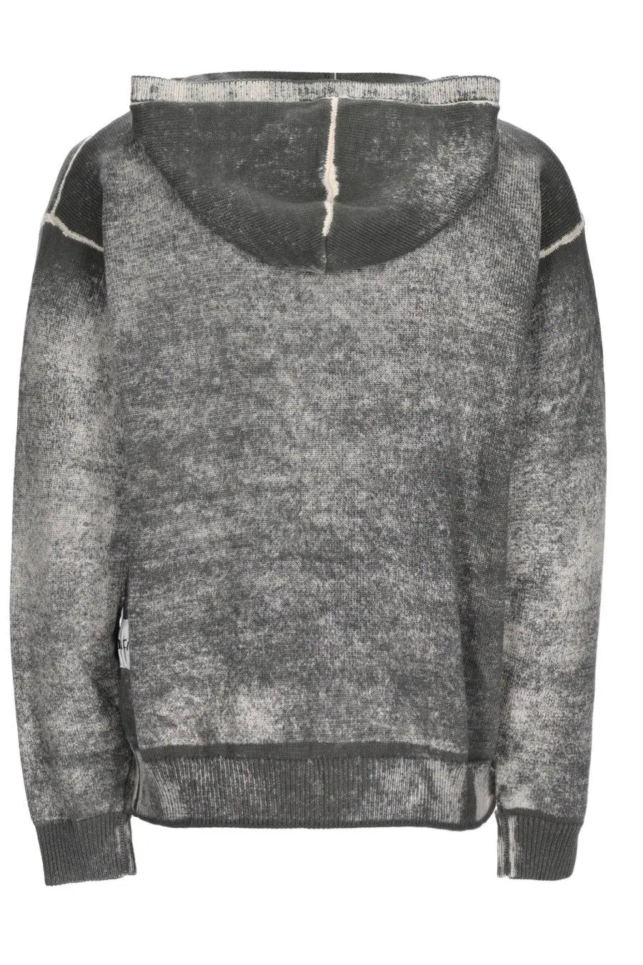 Amish Supplies men’s grey distressed knit zip hoodie with faded texture and white contrast stitching along seams
