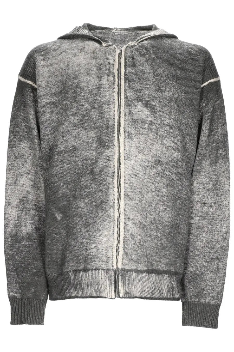 Amish Supplies men’s maglia con zip grey textured knit hoodie with distressed finish and white contrasting zipper