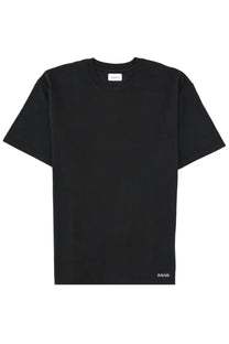 Amish Supplies men’s short-sleeved black cotton t-shirt with minimalist white branding at collar and bottom hem