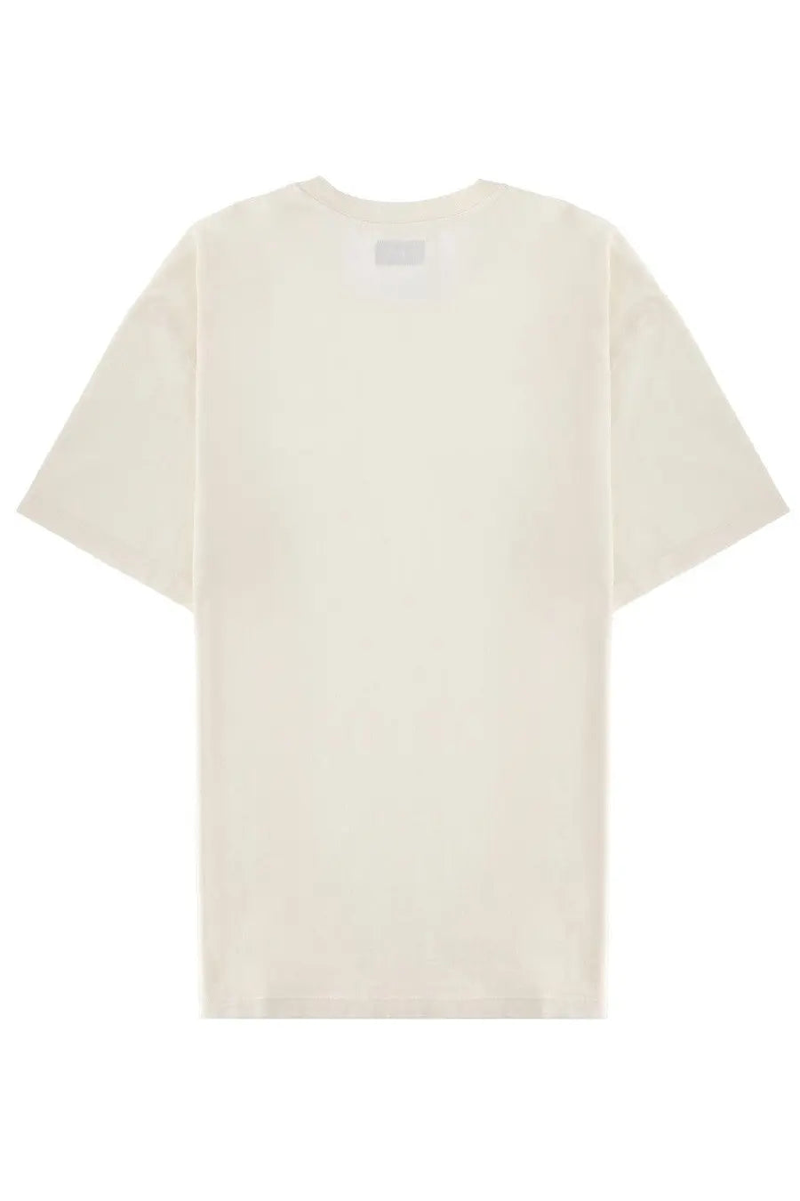 Cream-colored oversized cotton t-shirt with minimalist design and subtle brand tag at neckline from Amish Supplies