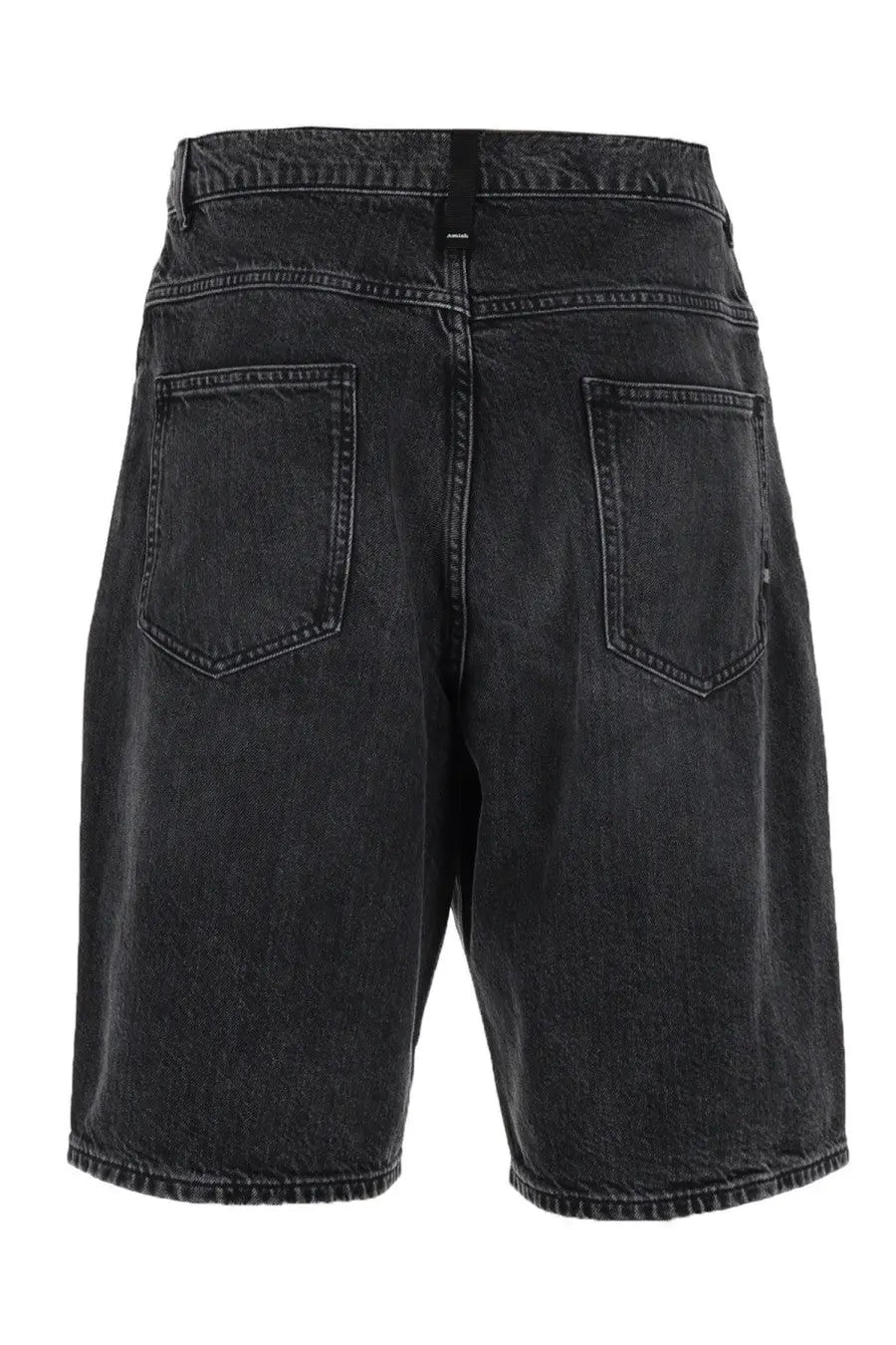 Back view of amish supplies men’s tommy black denim shorts with faded finish and classic back pockets