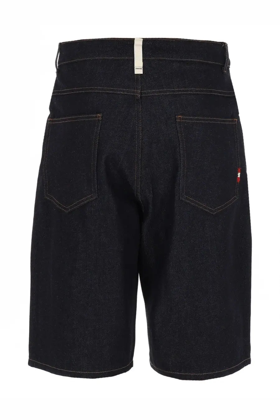 Dark indigo denim amish supplies men’s shorts with white waistband label and subtle red embroidery on right back pocket