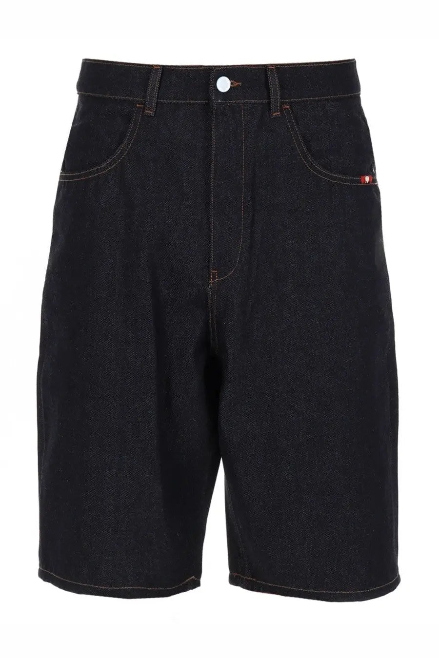 Amish supplies men’s shorts tommy blue in dark indigo denim with contrasting stitching and white button closure