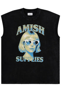 Black sleeveless cotton tee featuring a vintage graphic of a blonde woman with amish supplies text in faded blue lettering
