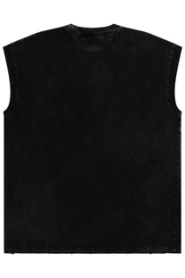 Black sleeveless denim vest with distressed faded texture and raw hem from amish supplies men’s top con stampa black