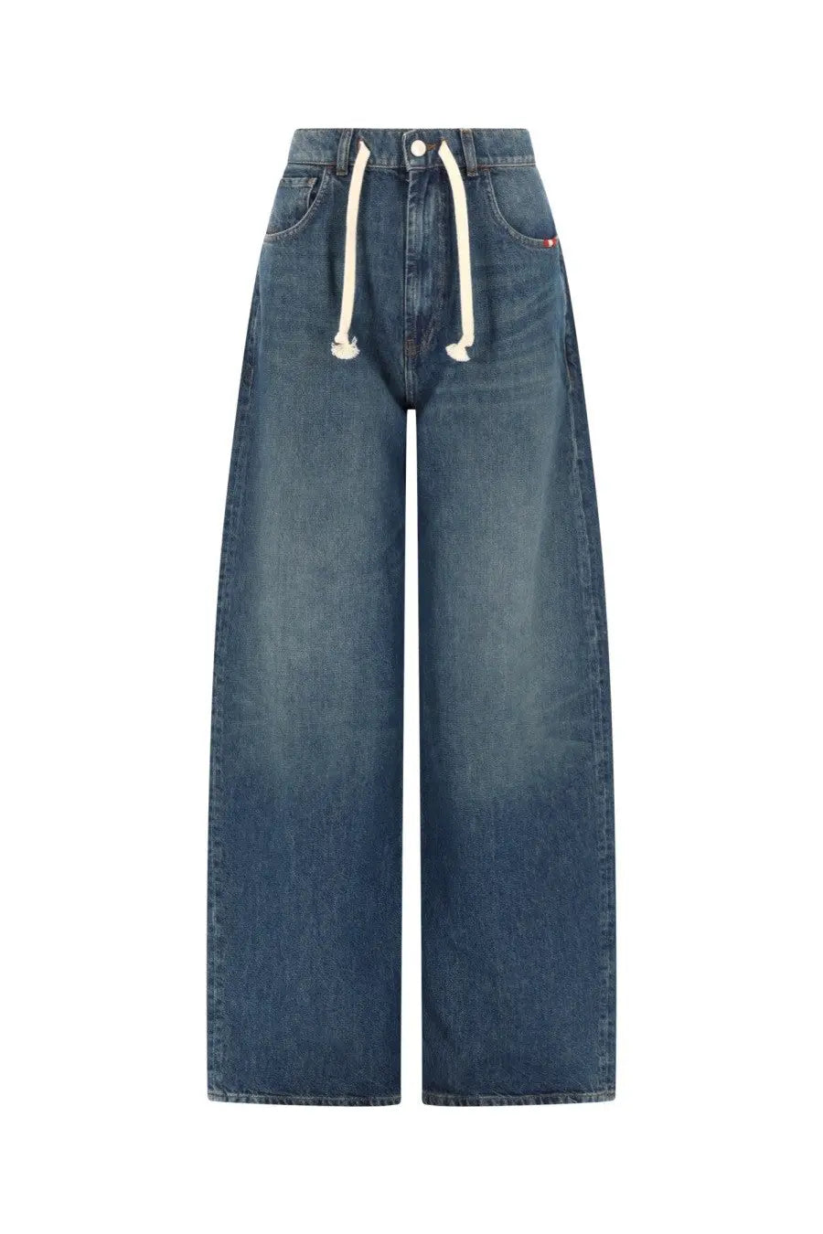 Amish Supplies women’s Danielle Michigan jeans blue high-waisted wide-leg denim pants with white drawstrings