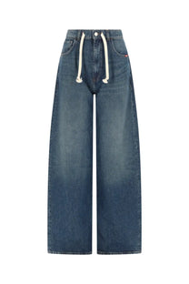 Amish Supplies women’s Danielle Michigan jeans blue high-waisted wide-leg denim pants with white drawstrings