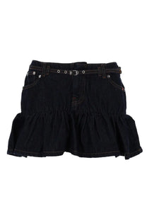 Amish Supplies women’s blue denim miniskirt with ruffled hem and belt looped through silver metal hardware