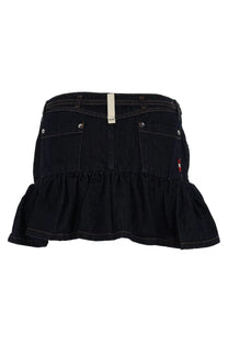 Back view of amish supplies women’s blue denim miniskirt with ruffled hem and two back pockets