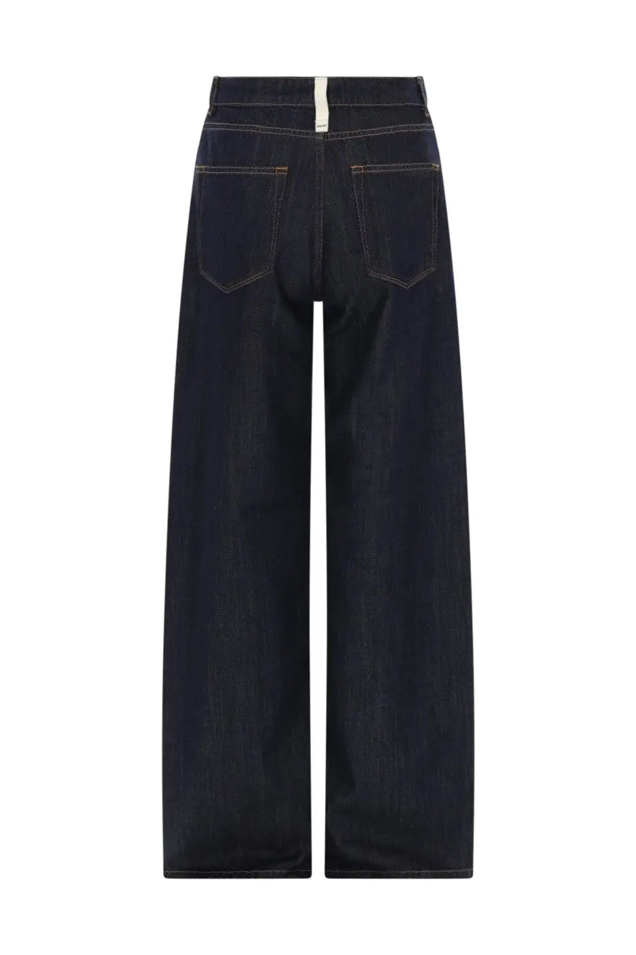 Dark indigo wide-leg denim trousers with contrasting stitching and white waistband tag from Amish Supplies women’s jeans Linda Blue