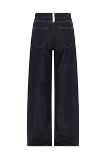 Dark indigo wide-leg denim trousers with contrasting stitching and white waistband tag from Amish Supplies women’s jeans Linda Blue