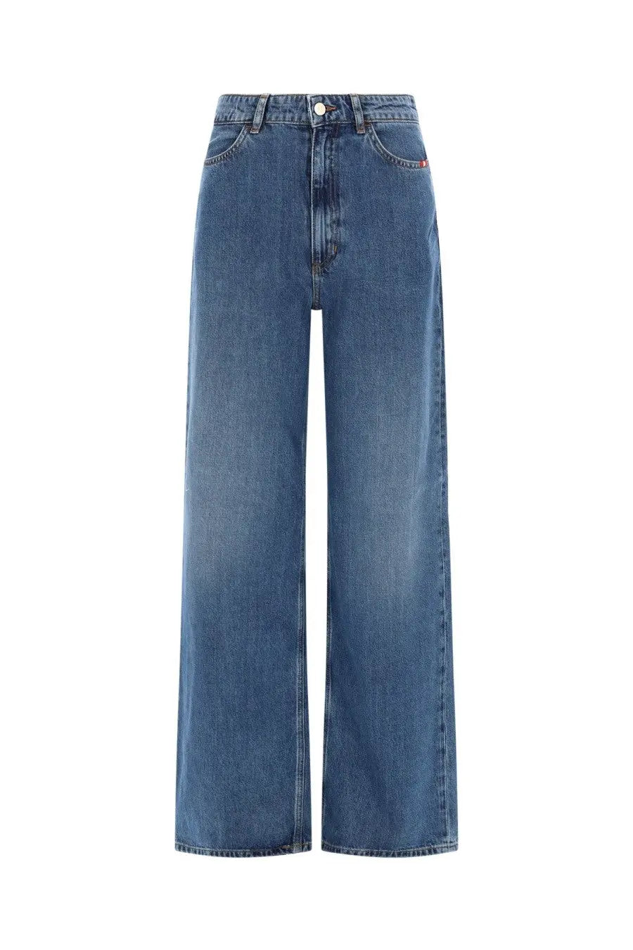 Back side of amish supplies women’s jeans linda blue high-waisted wide-leg denim with classic stitching and red tag