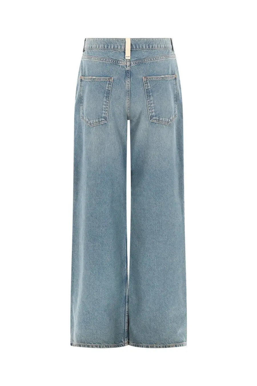 Light-wash denim wide-leg trousers with high waist and classic back pockets from amish supplies women’s jeans sandy blue showing back view