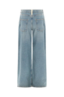 Light-wash denim wide-leg trousers with high waist and classic back pockets from amish supplies women’s jeans sandy blue showing back view