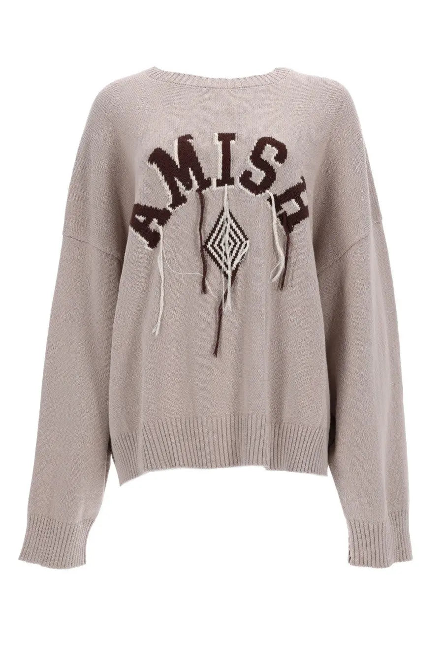 Beige knit sweater with amish lettering in dark brown and geometric macrame pendant design for women