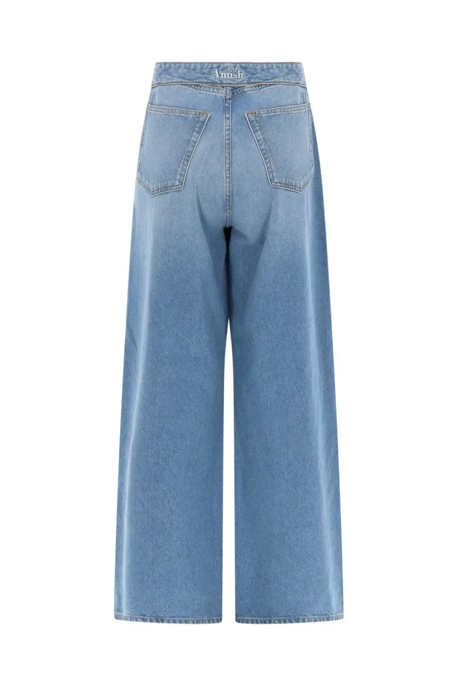Light-wash denim wide-leg high waist trousers with classic back pockets shown from the back by amish supplies women