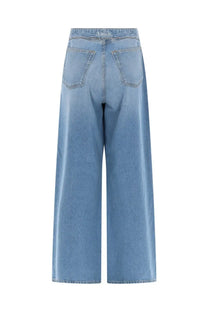 Light-wash denim wide-leg high waist trousers with classic back pockets shown from the back by amish supplies women