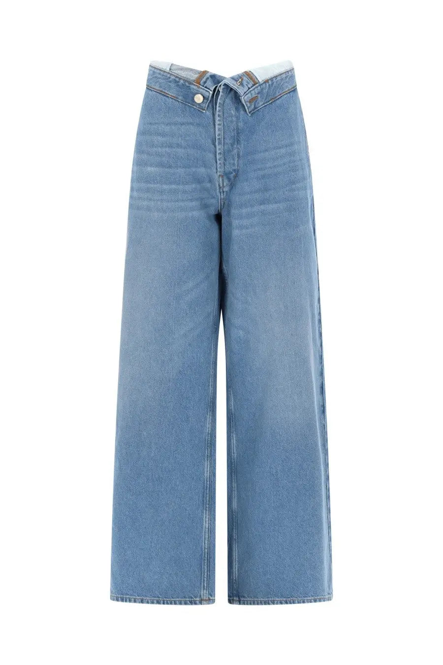 Amish Supplies women’s roll up light-wash denim wide-leg jeans with button fly and classic stitching in blue