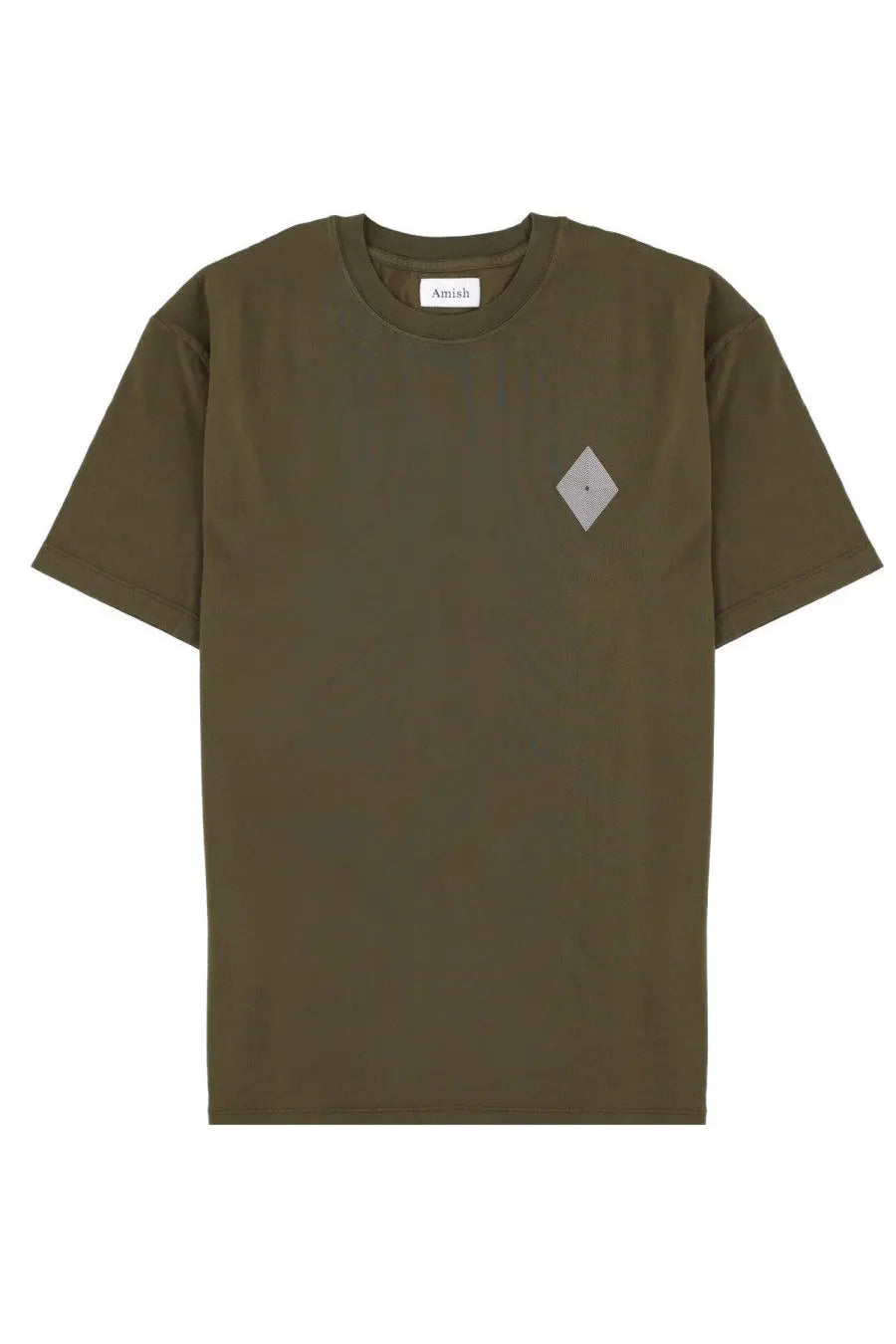 Olive green short-sleeved t-shirt with a small silver diamond patch on left chest from Amish Supplies women’s shirt con green
