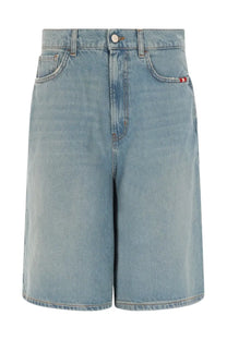 Amish Supplies women’s shorts in crew sand stone blue light-wash denim with a relaxed wide-leg cut and five-pocket design
