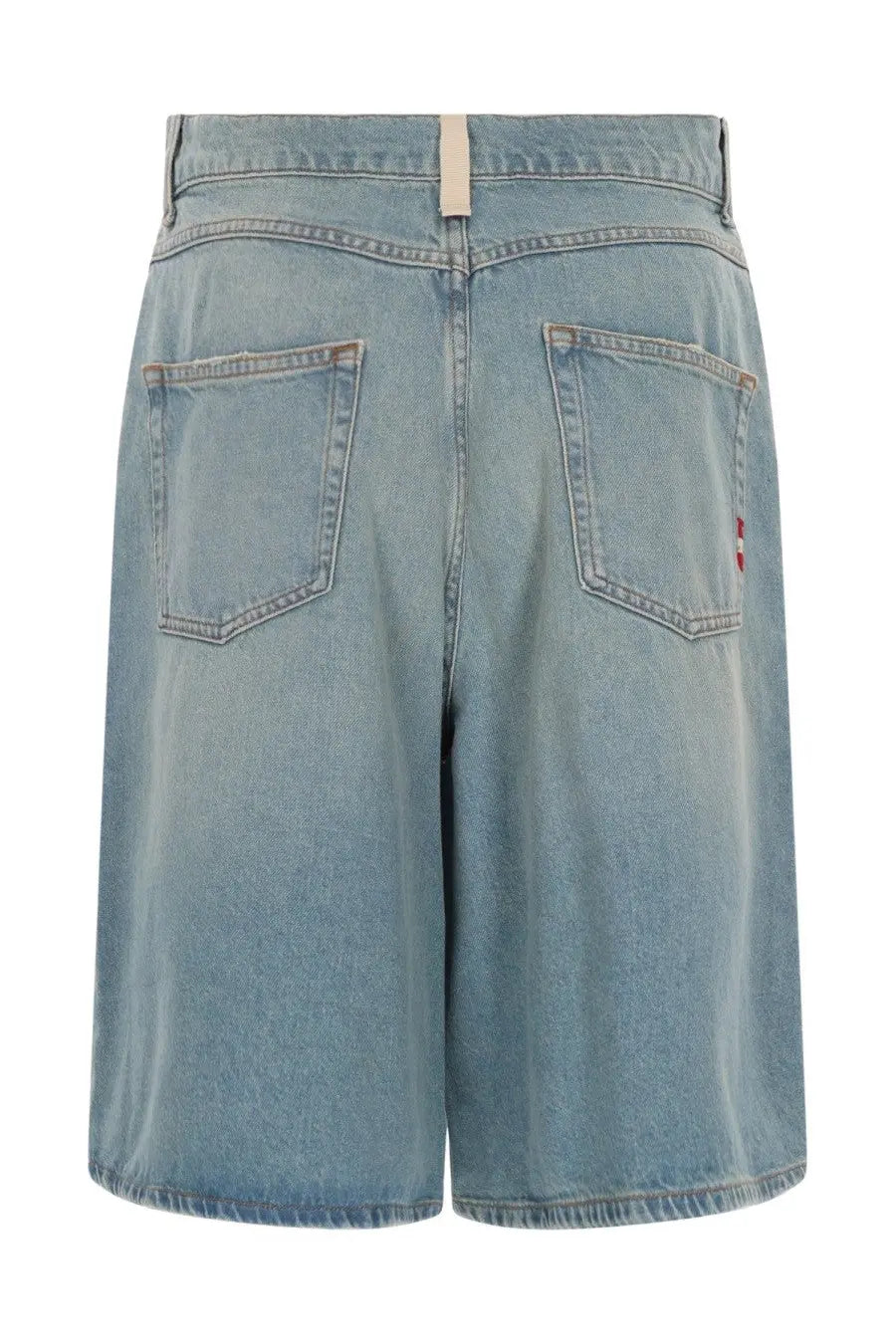 Back view of amish supplies women’s crew sand stone blue light-wash denim shorts with high waist and red logo patch