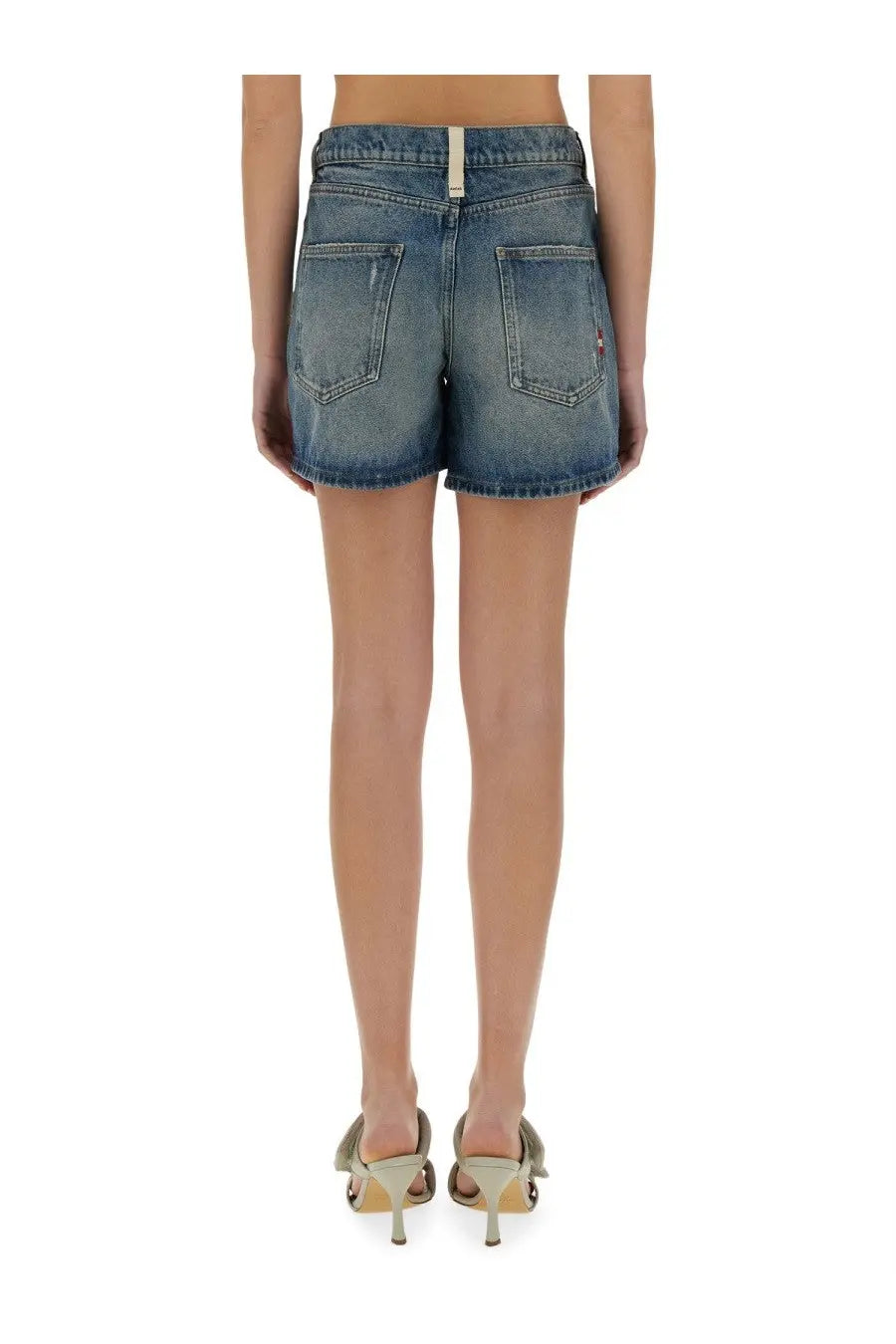 Back view of amish supplies women’s shorts jenny blue made of blue denim with faded wash and classic back pockets