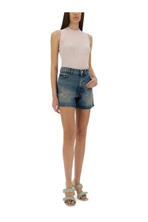 High-waisted denim shorts with faded blue wash and subtle distressing from Amish Supplies womens shorts jenny blue