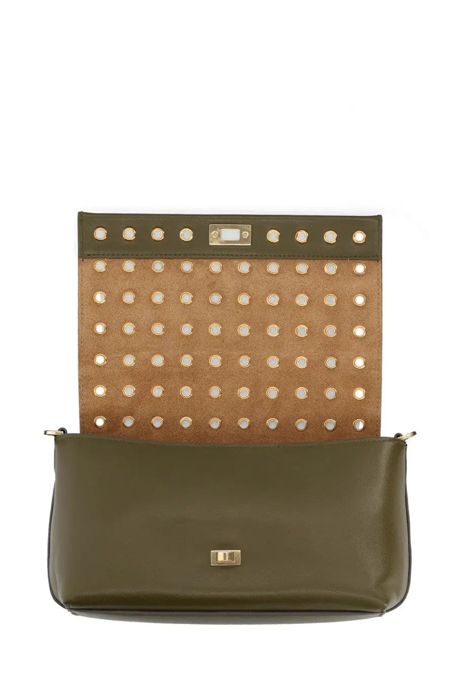 Anya Hindmarch women’s olive green leather crossbody bag with tan suede flap and gold-toned studded clasp