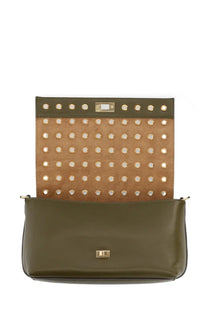 Anya Hindmarch women’s olive green leather crossbody bag with tan suede flap and gold-toned studded clasp