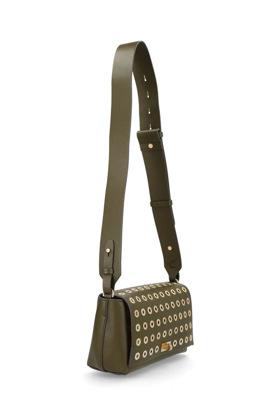 Anya Hindmarch women’s olive green leather crossbody bag with gold-tone circular studs and adjustable strap