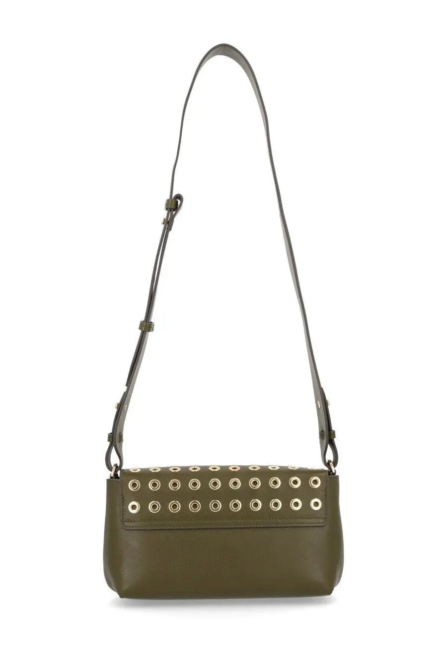 Anya Hindmarch women’s olive green leather crossbody bag with gold toned circular studs across the front