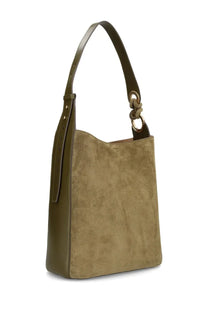 Anya Hindmarch women’s olive green suede and leather shoulder bag with knotted ring handle detail