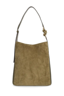 Anya Hindmarch women’s taupe suede hobo bag with a slender shoulder strap and twisted knot closure