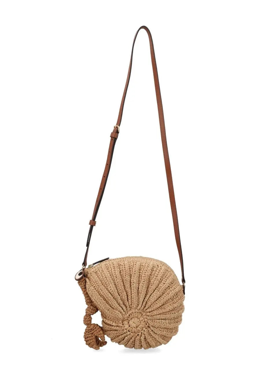 Anya Hindmarch womens borsa hermit crab beige crocheted seashell crossbody bag with brown leather strap and tassel detail