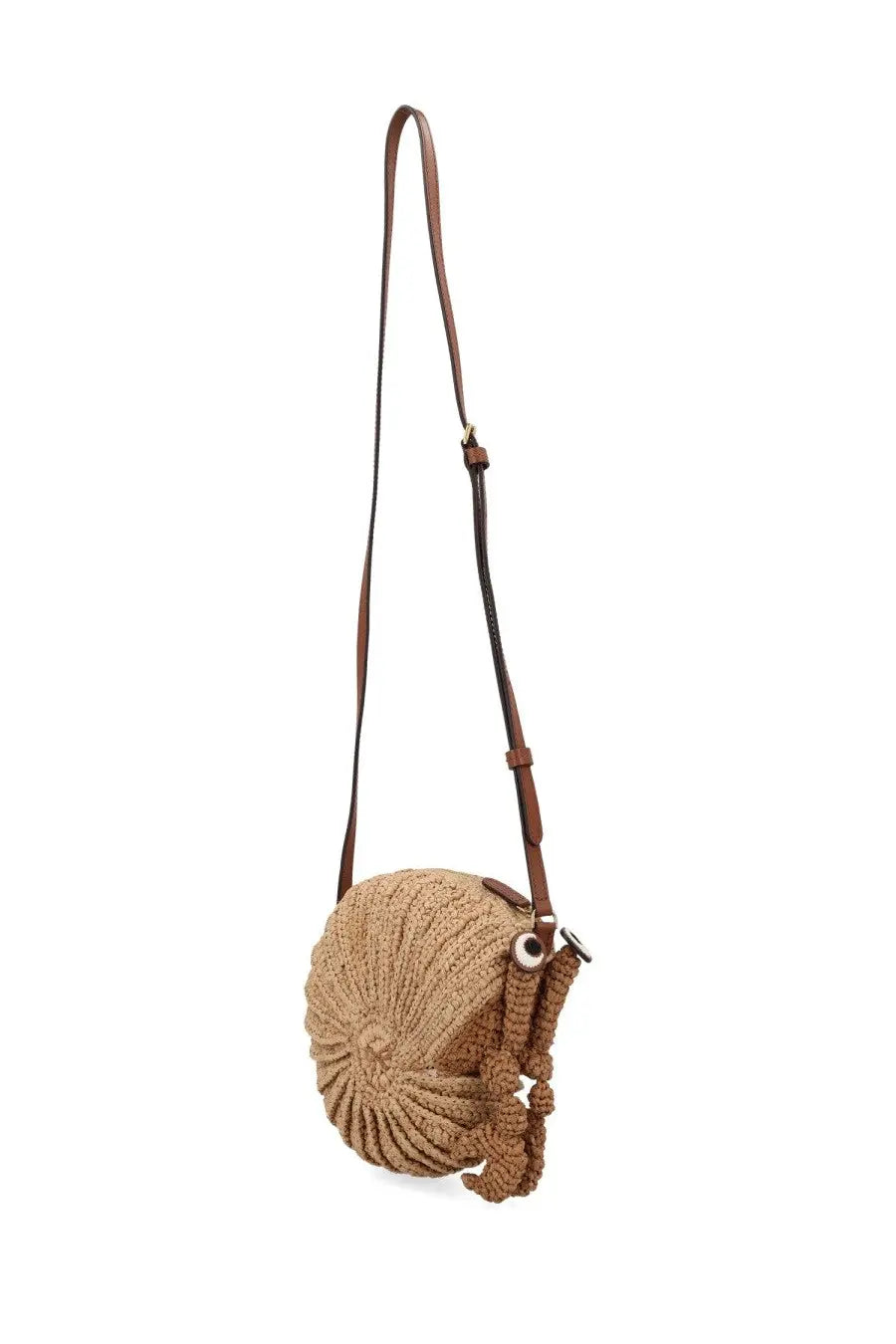 Anya Hindmarch women’s borsa hermit crab beige woven straw crossbody bag with brown leather strap and metallic hardware