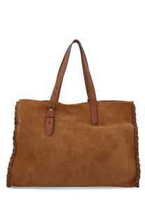 Anya Hindmarch women’s tan suede tote bag with braided leather trim and matching handles brown Mortimer design